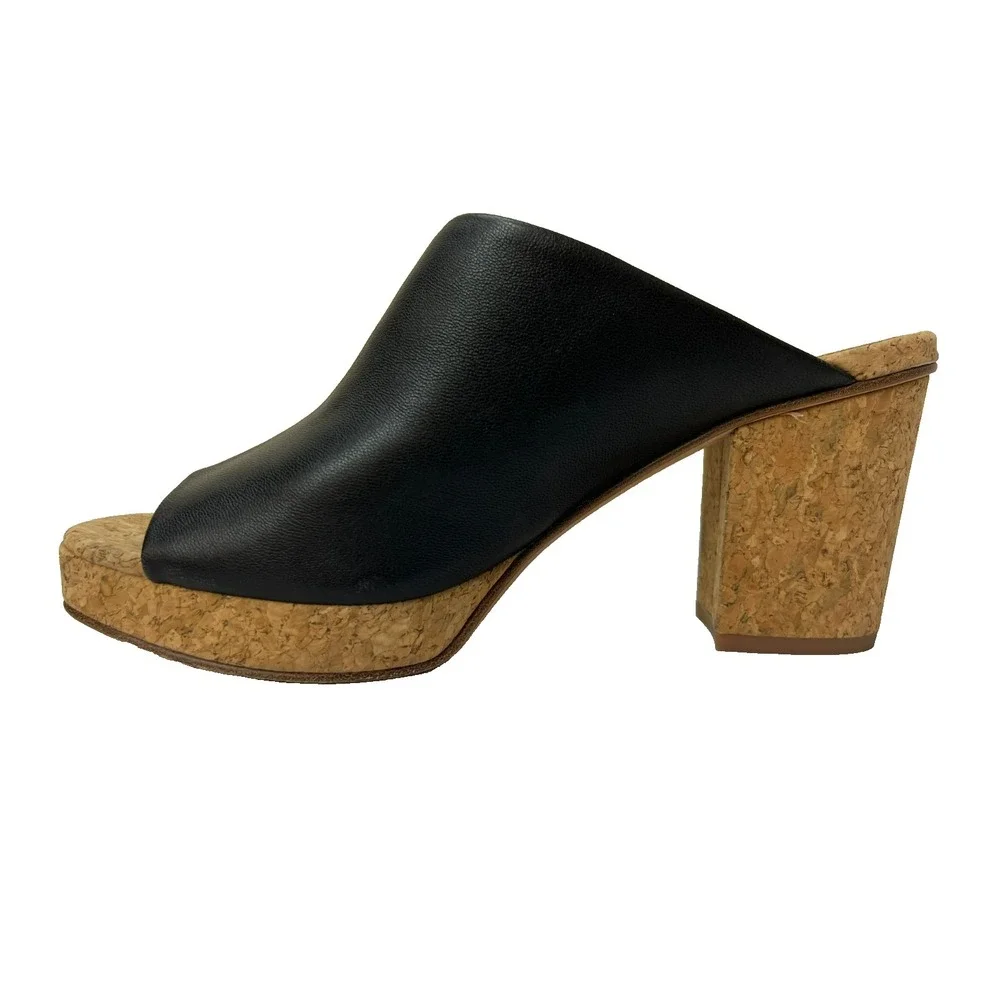 Vince. Wyatt Slide Sandal Cork Platform & Block Heel Black‎ Leather Upper SZ 9.5